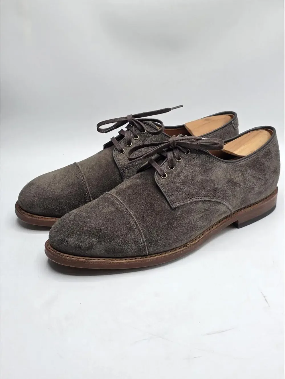 Vtg 2009 Allen Edmonds Tate Suede Cap Toe Derby 7.5 D Taupe Brown USA Box 3372